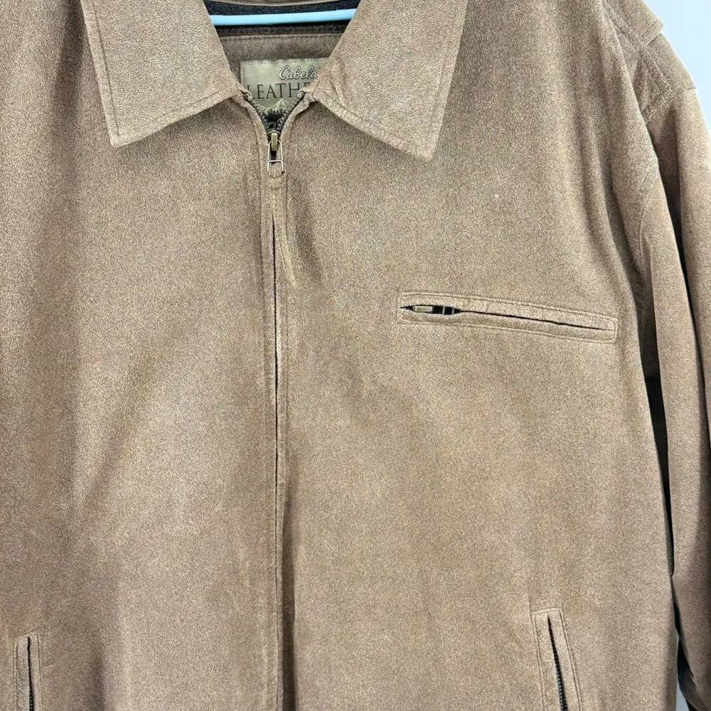 Cabelas Leather Jacket Mens 2XL Brown Genuine Leather Full Zip Harrington Coat